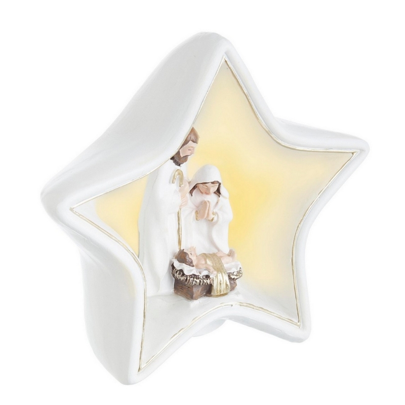 Natività in stella bianca in poliresina da appoggio con luce led calda, perfetta come decorazione festiva